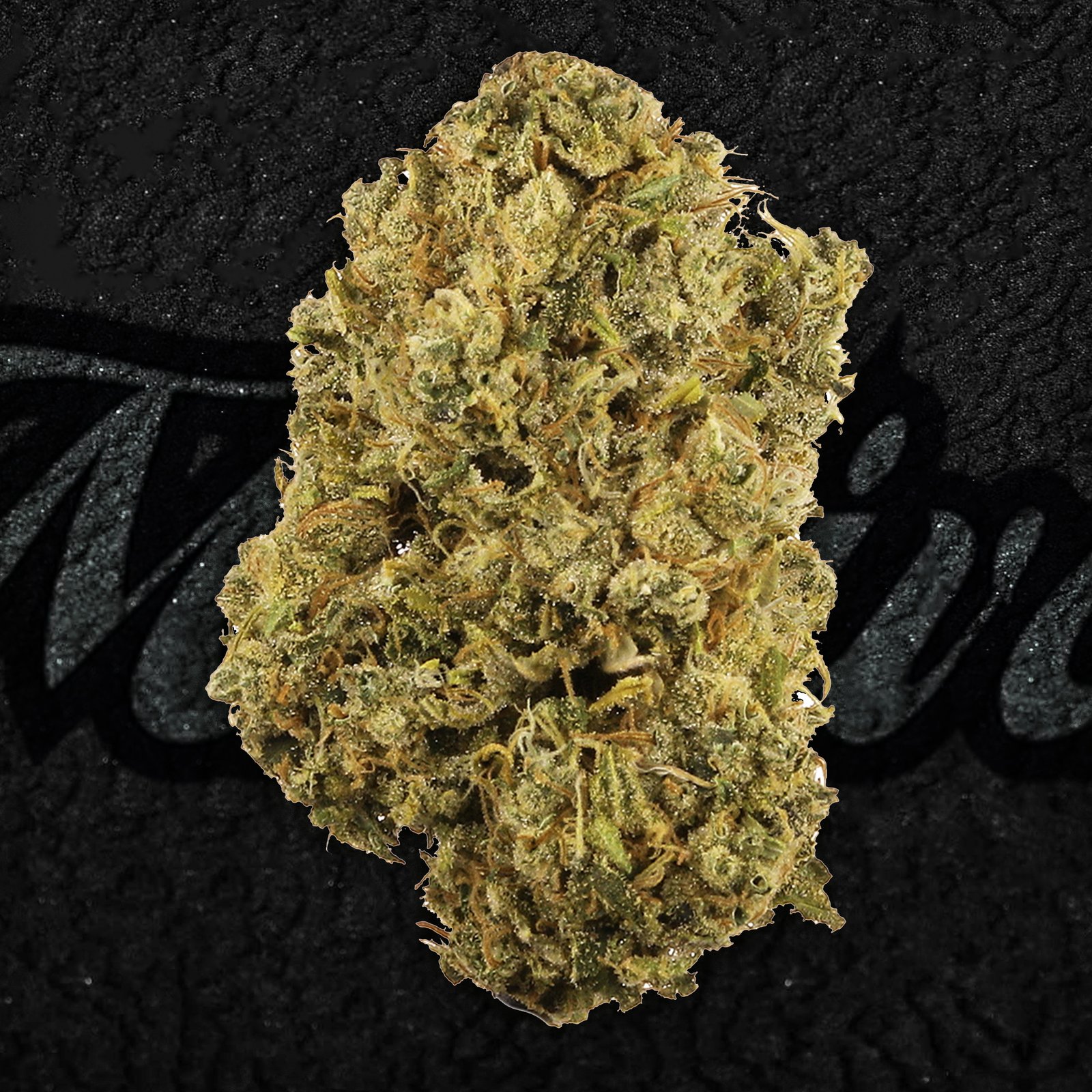 Ice Cream Cake strain flower close-up showing dense, frosty buds with purple accents and orange pistils. Sweet vanilla aroma and heavy indica effects.