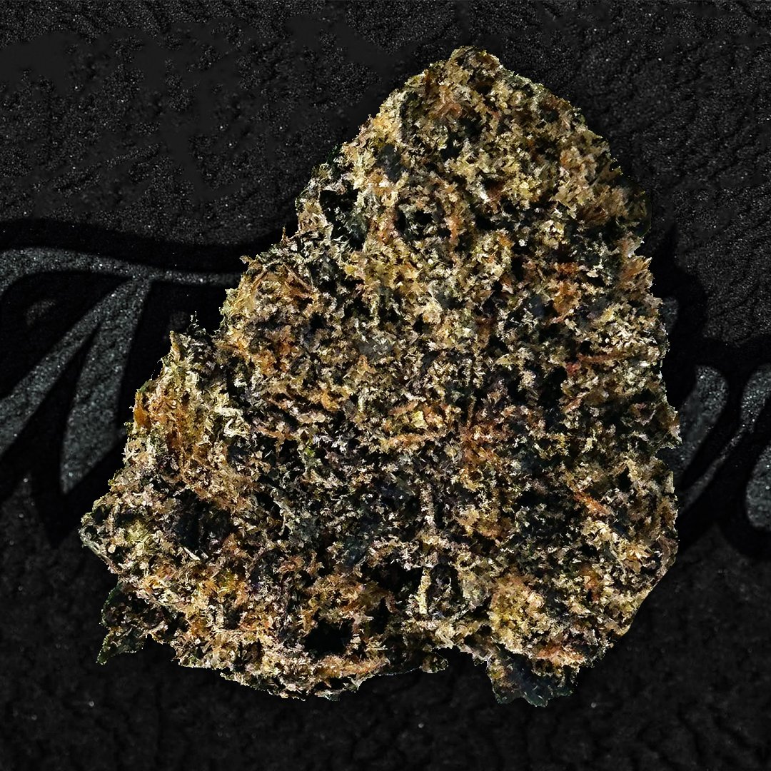 Close-up of Truffle cannabis flower showing dense, dark purple buds with frosty trichomes and orange hairs—known for its dessert flavor, creamy gas aroma, and deeply relaxing hybrid effects.