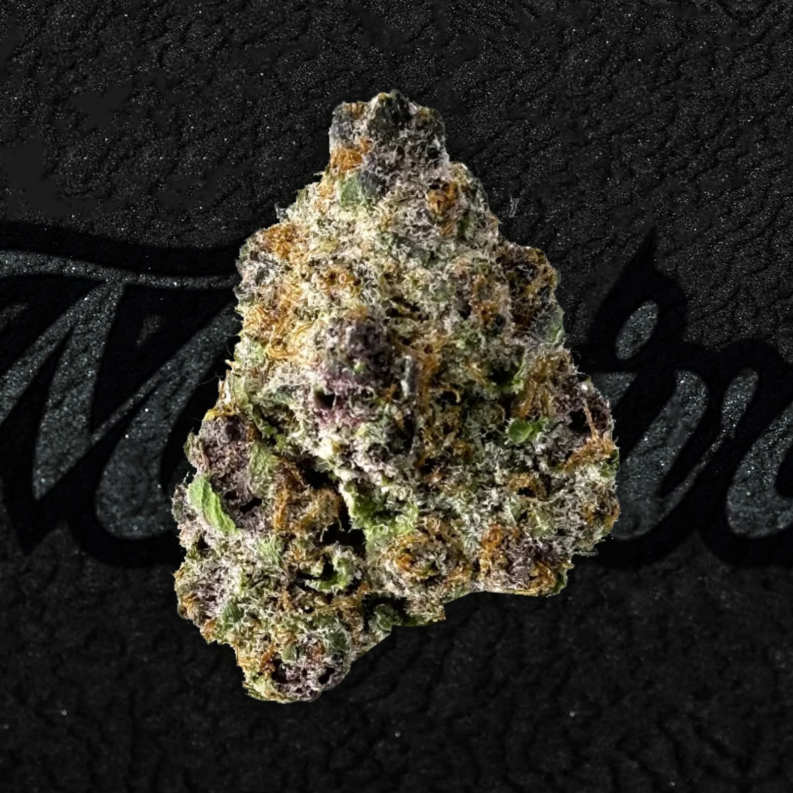 Close-up of Tropical Cherry cannabis flower showing dense, trichome-covered buds with purple hues, orange hairs, and a frosty finish. Known for its citrus-cherry aroma and uplifting hybrid effects.